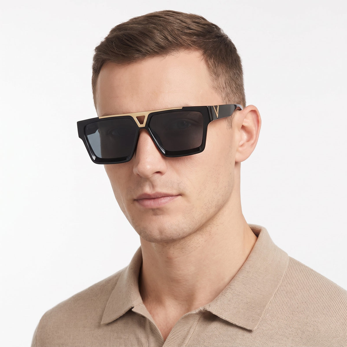 Man in a beige knit polo wearing Dunke square sunglasses with a glossy black frame — Velezeco #opt1_1
