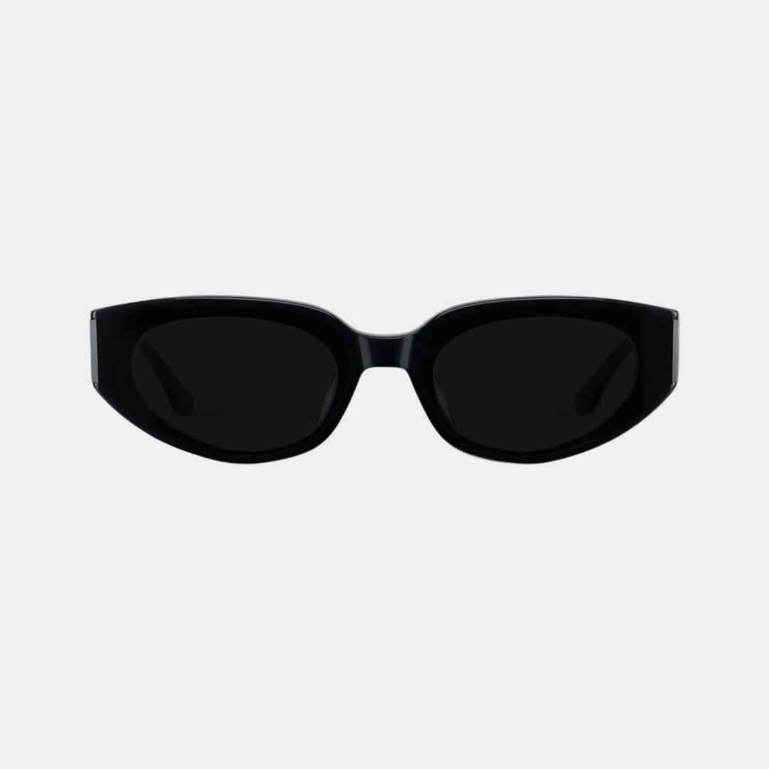 Cat eye sunglasses in glossy black with black lenses, front view — Astra — Velezeco