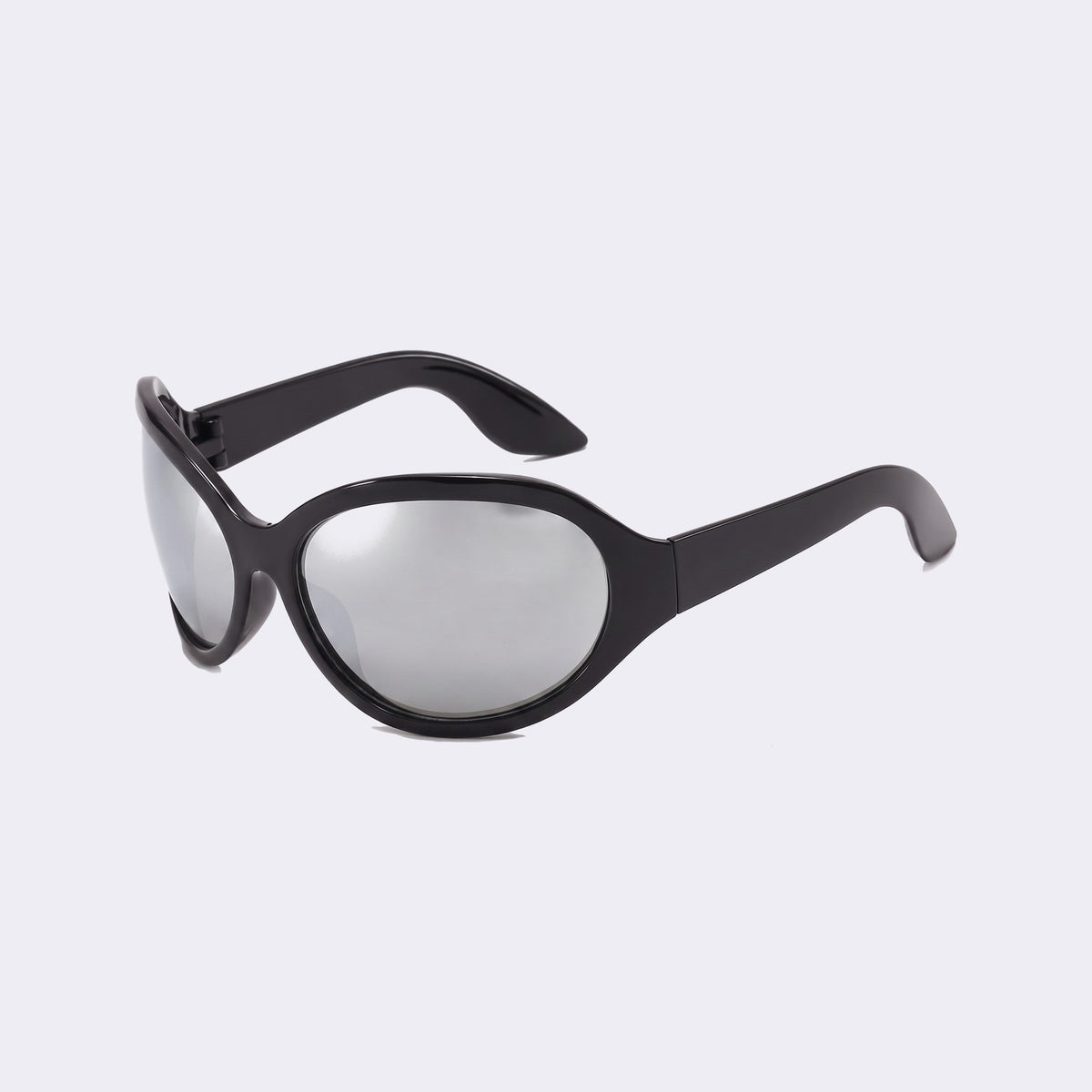 Three-quarter view of the Barcelona bug-eye with glossy black frame and silver mirror lenses and curved wraparound temples — Velezeco #opt1_2