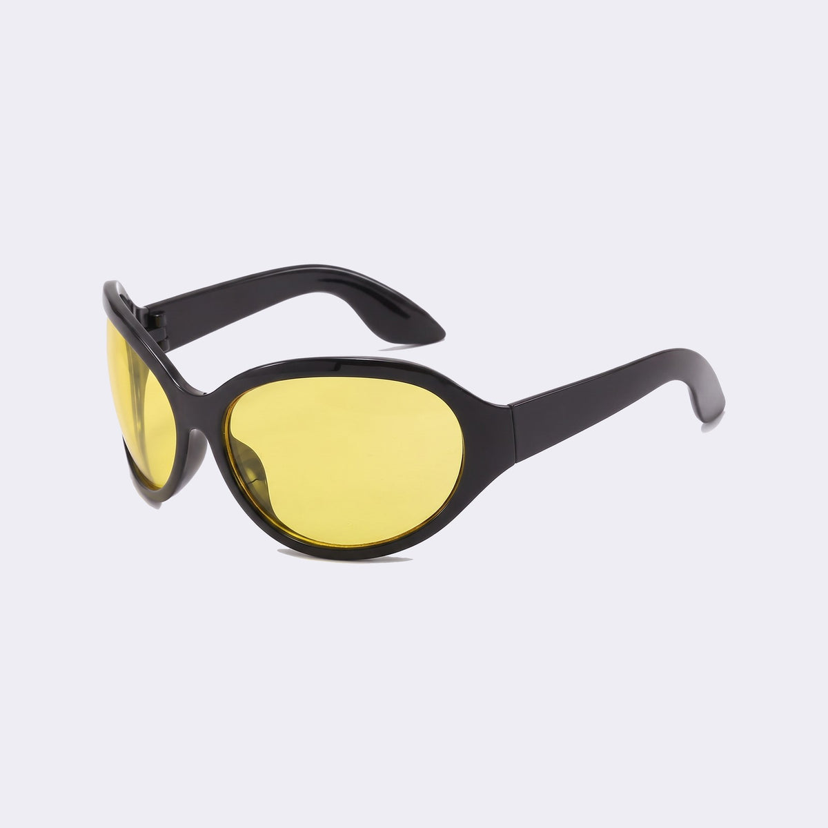 Three-quarter view of the Barcelona bug-eye with glossy black frame and yellow lenses and curved wraparound temples — Velezeco #opt1_4