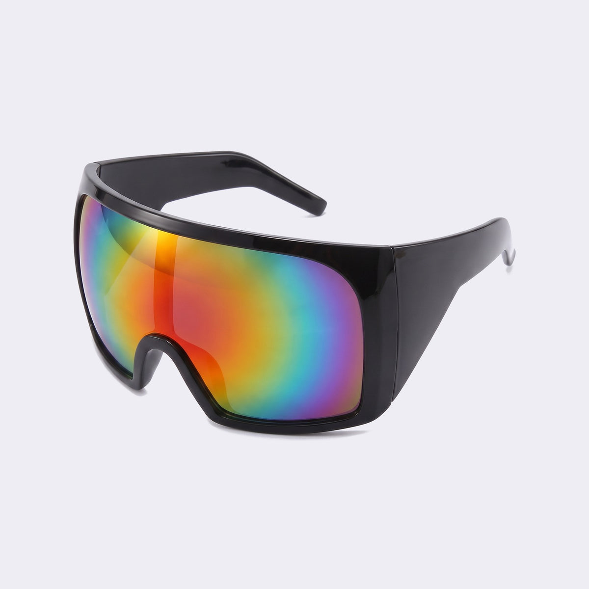 Three-quarter view of the glossy black frame and rainbow mirror lens showing the wide wraparound temples — Berlin — Velezeco #opt1_2