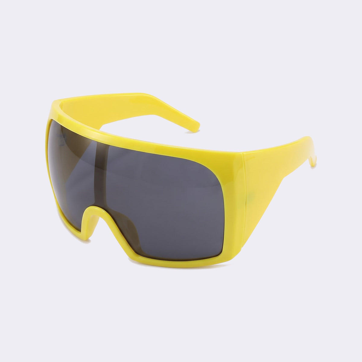 Three-quarter view of the glossy yellow frame and grey lens showing the wide wraparound temples — Berlin — Velezeco #opt1_6