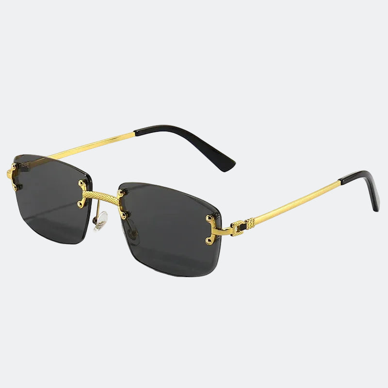 Rimless rectangular sunglasses with gold engraved temples and black lenses — Cannes — Velezeco