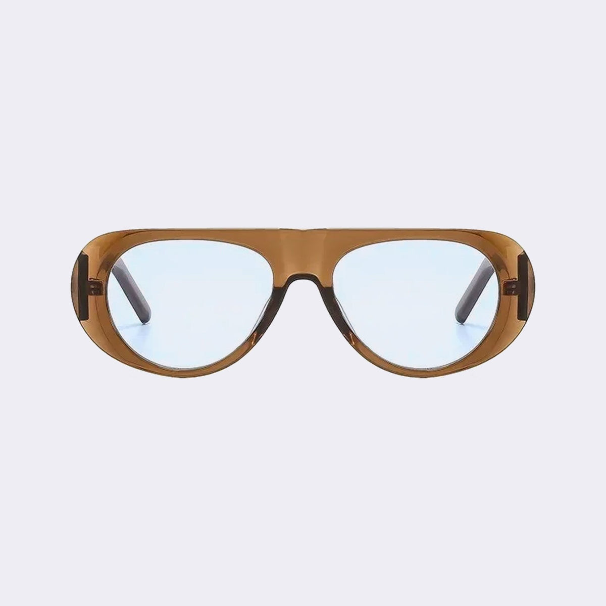 Oval goggle sunglasses with a translucent caramel frame and pale blue lenses, front view — Cortina — Velezeco #opt1_5