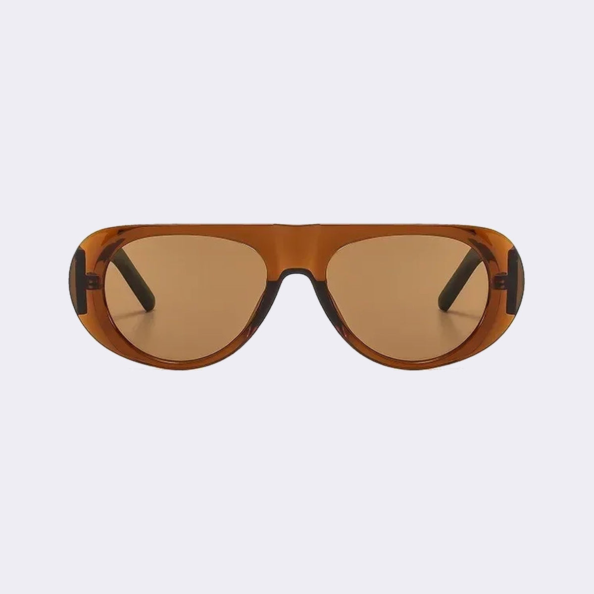 Oval goggle sunglasses with a caramel frame with green temples and brown lenses, front view — Cortina — Velezeco #opt1_6