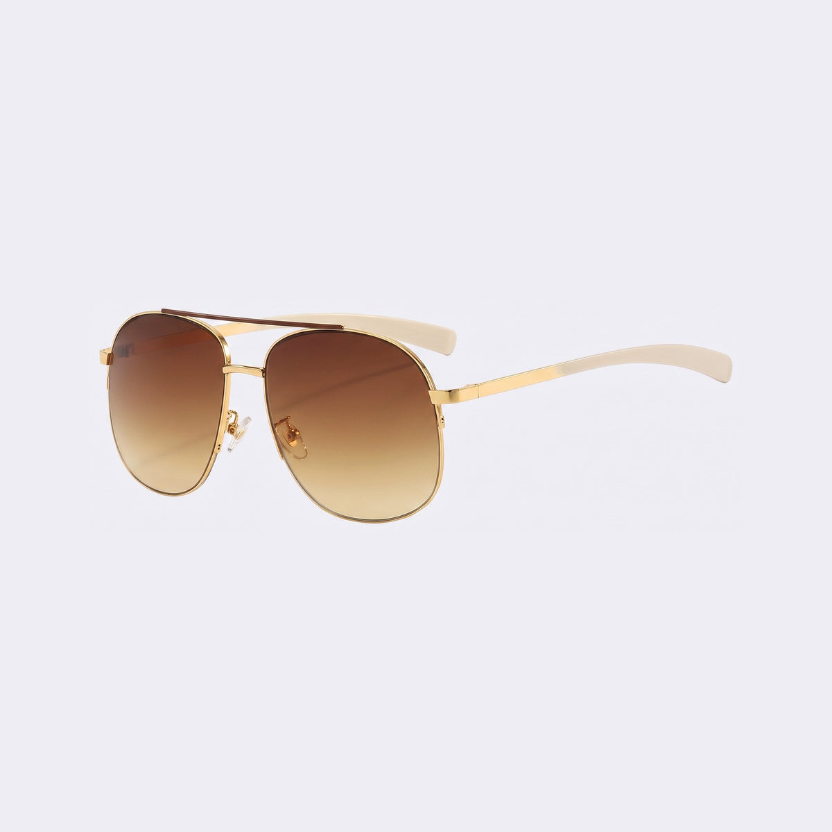 Three-quarter view of the Dubai aviator with gold double bridge and gradient brown lenses and cream temples — Velezeco #opt1_6