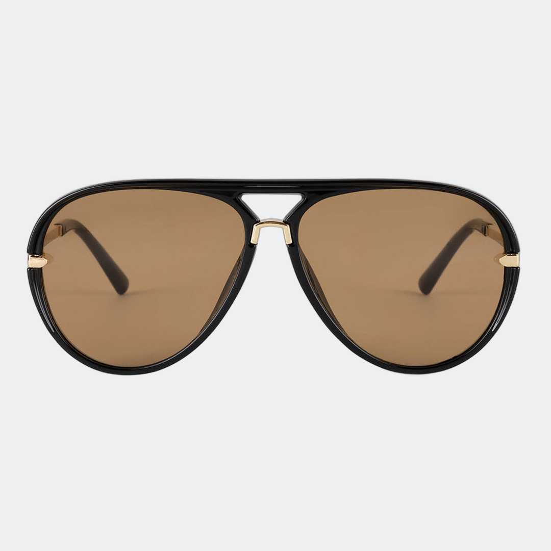 Aviator sunglasses in Black Amber with amber lenses, front view — Elysia — Velezeco