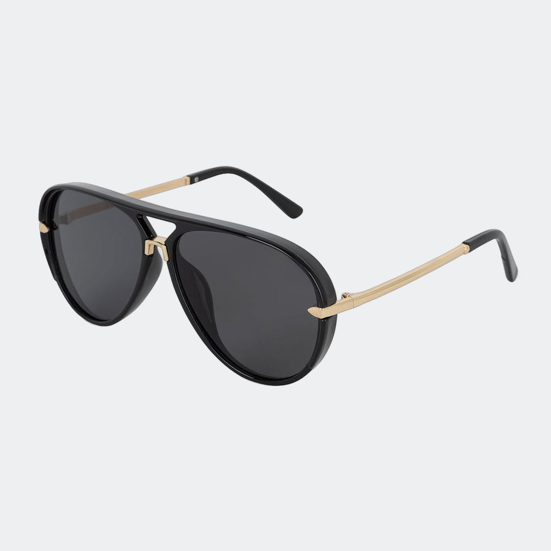 Aviator sunglasses in Black Smoke with smoke lenses, angled view — Elysia — Velezeco