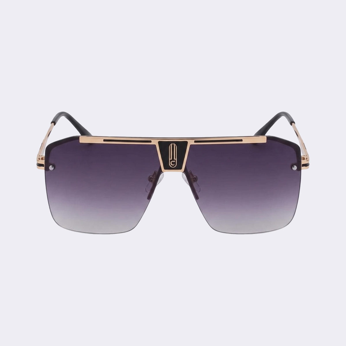 One-piece shield aviator sunglasses with a gold frame and soft grey-violet gradient lens, front view — Alpine — Velezeco #opt1_3