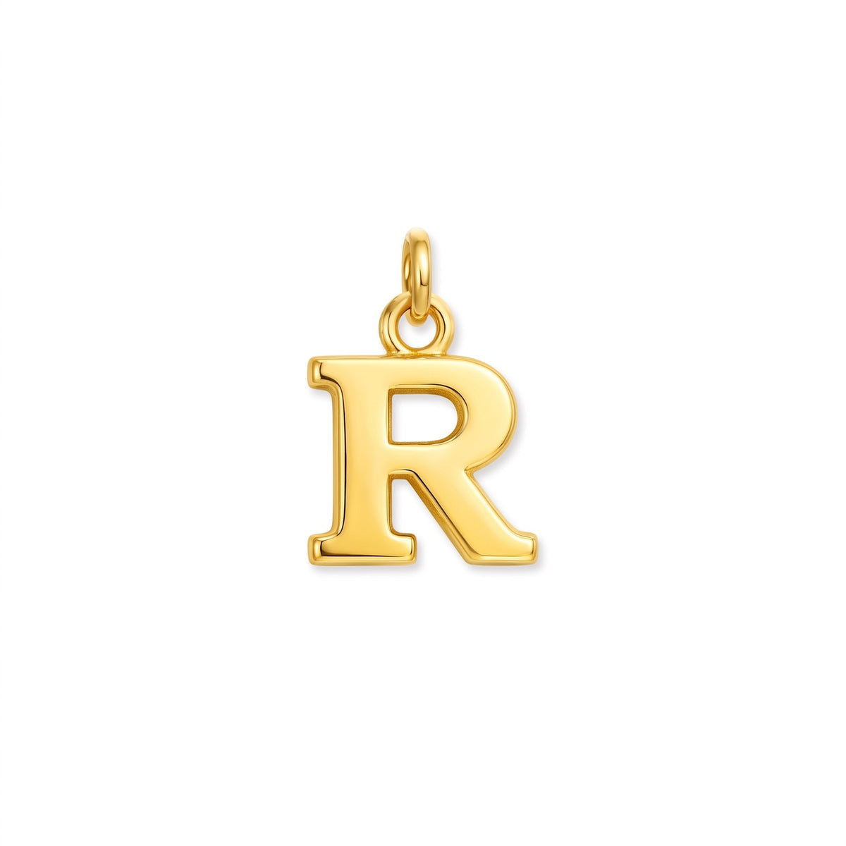Gold initial pendant, letter R, on white · Velezeco #opt1_18