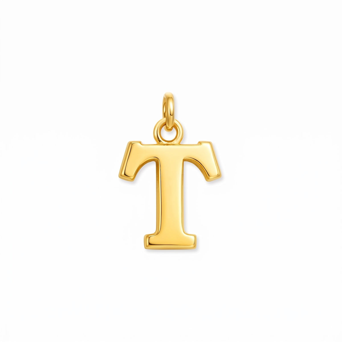 Gold initial pendant, letter T, on white · Velezeco #opt1_20