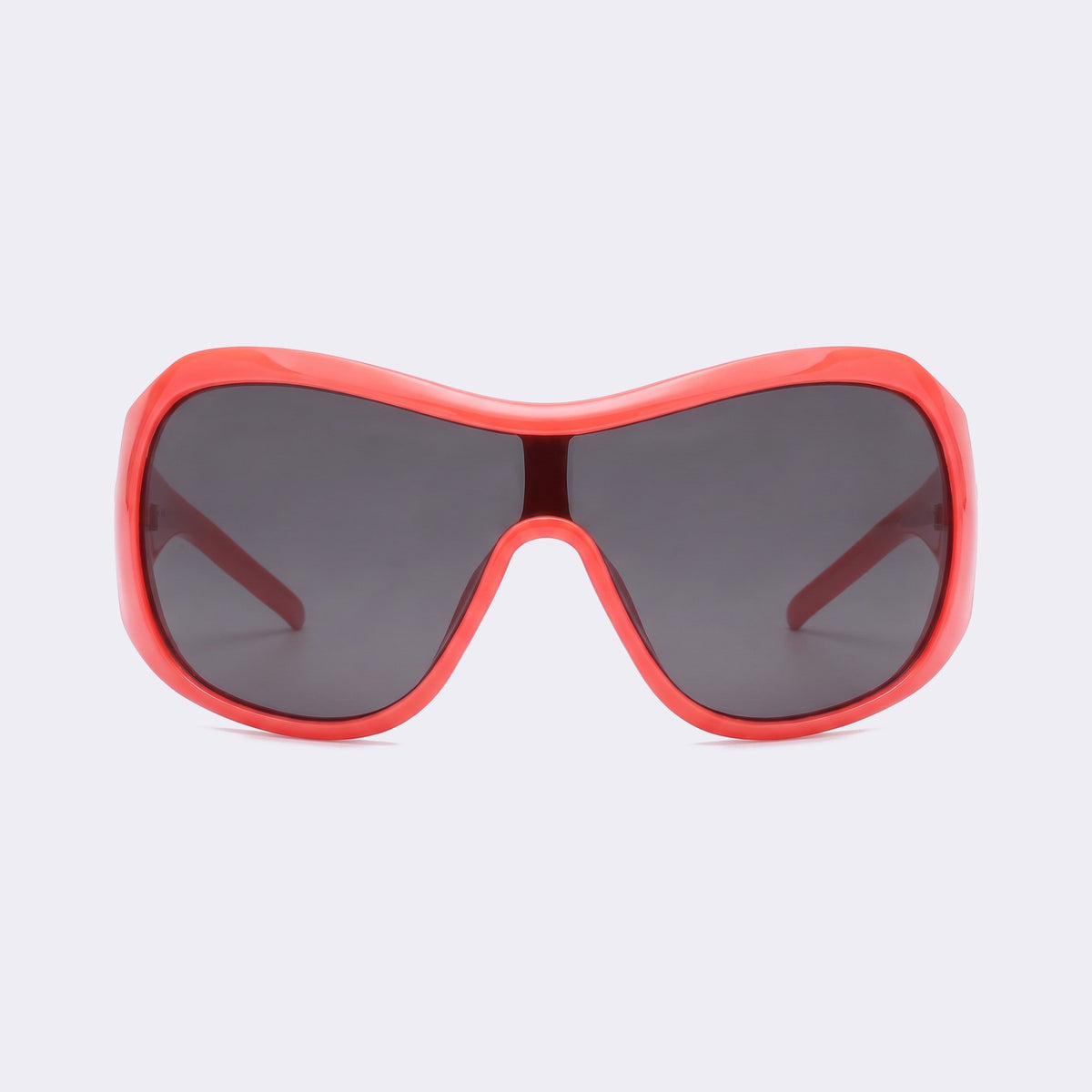 Oversized shield sunglasses with coral red frame and grey lens, front view — Miami — Velezeco #opt1_2