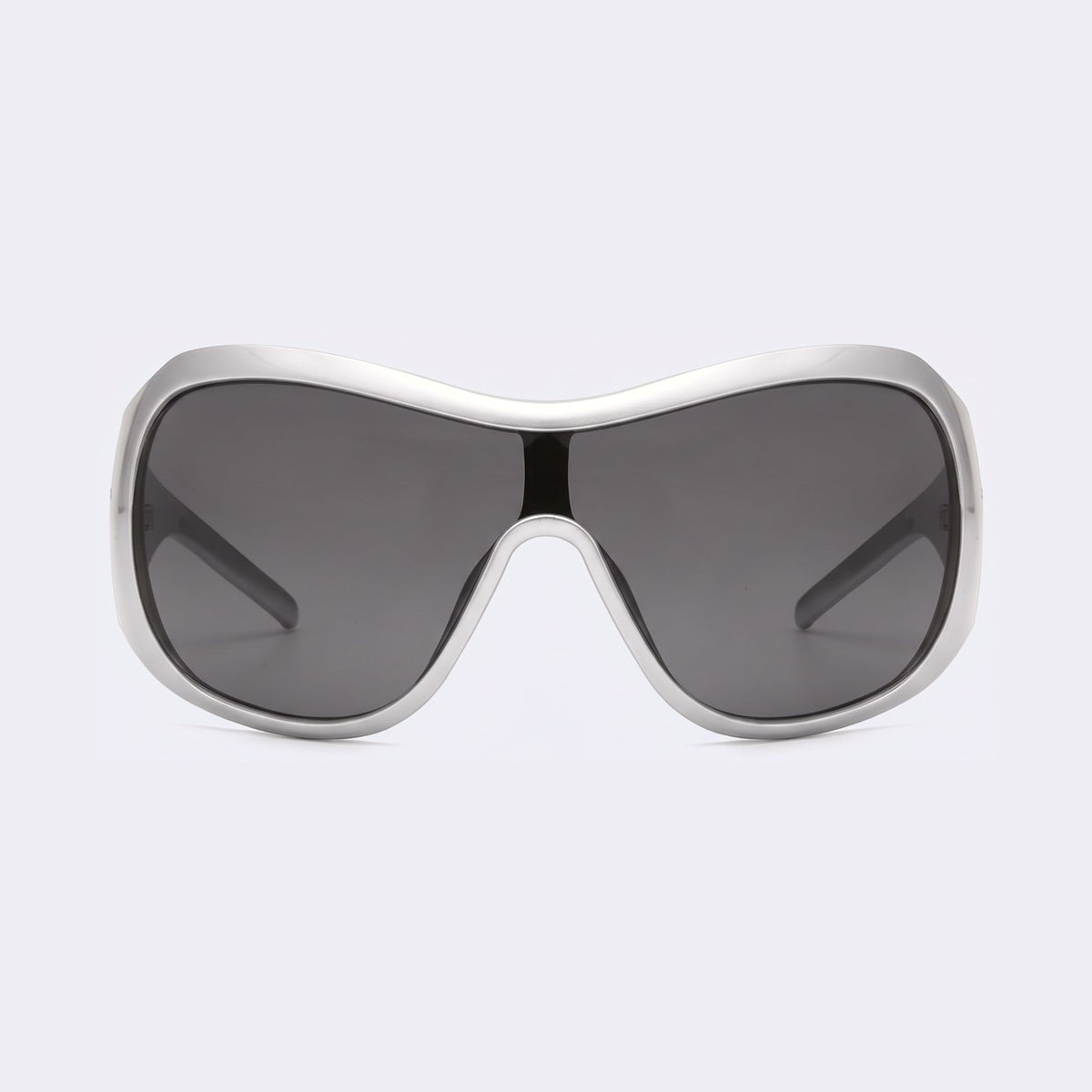 Oversized shield sunglasses with pearl silver frame and grey lens, front view — Miami — Velezeco #opt1_1