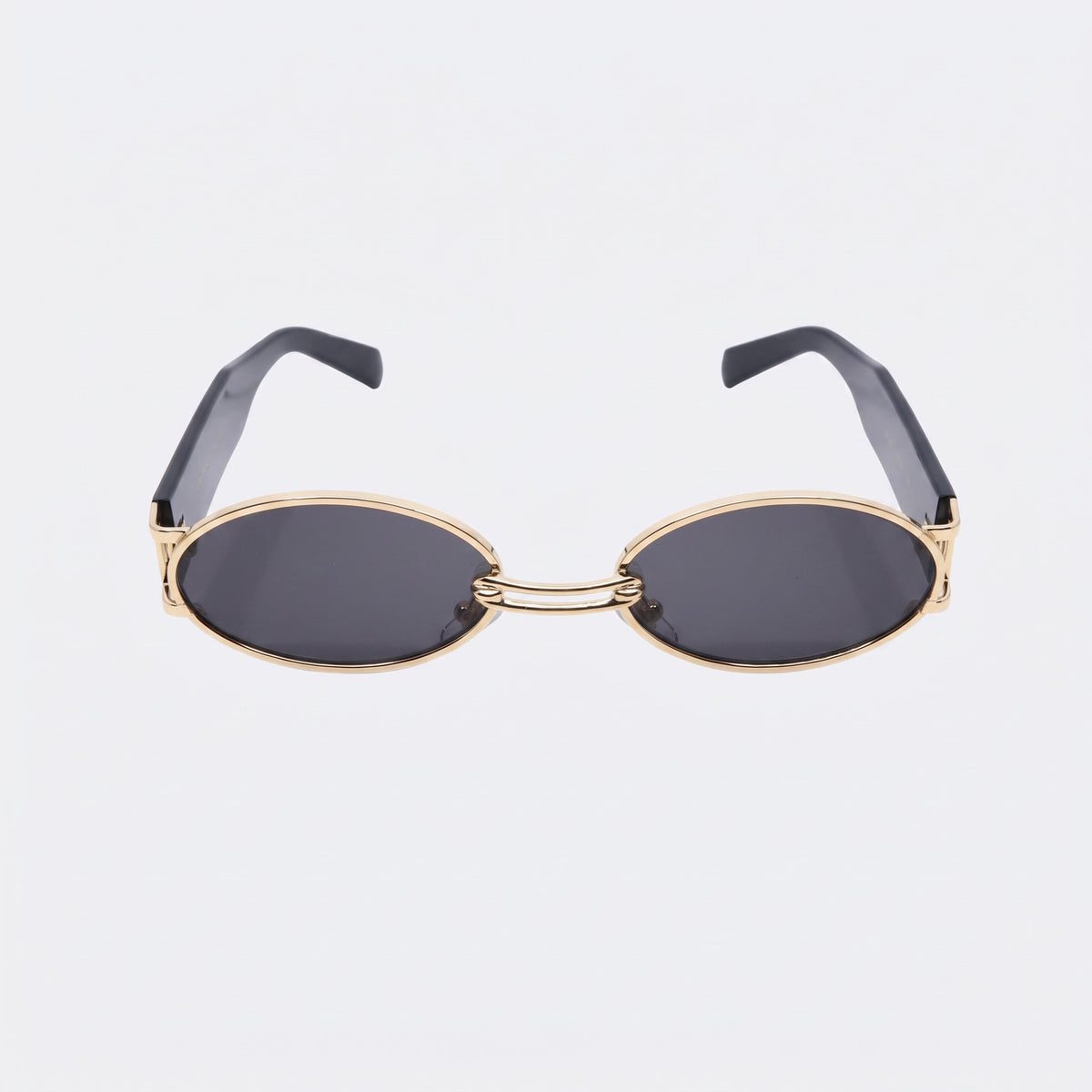 Monte Carlo gold oval sunglasses with dark grey lenses and black temples, front view · Velezeco #opt1_2