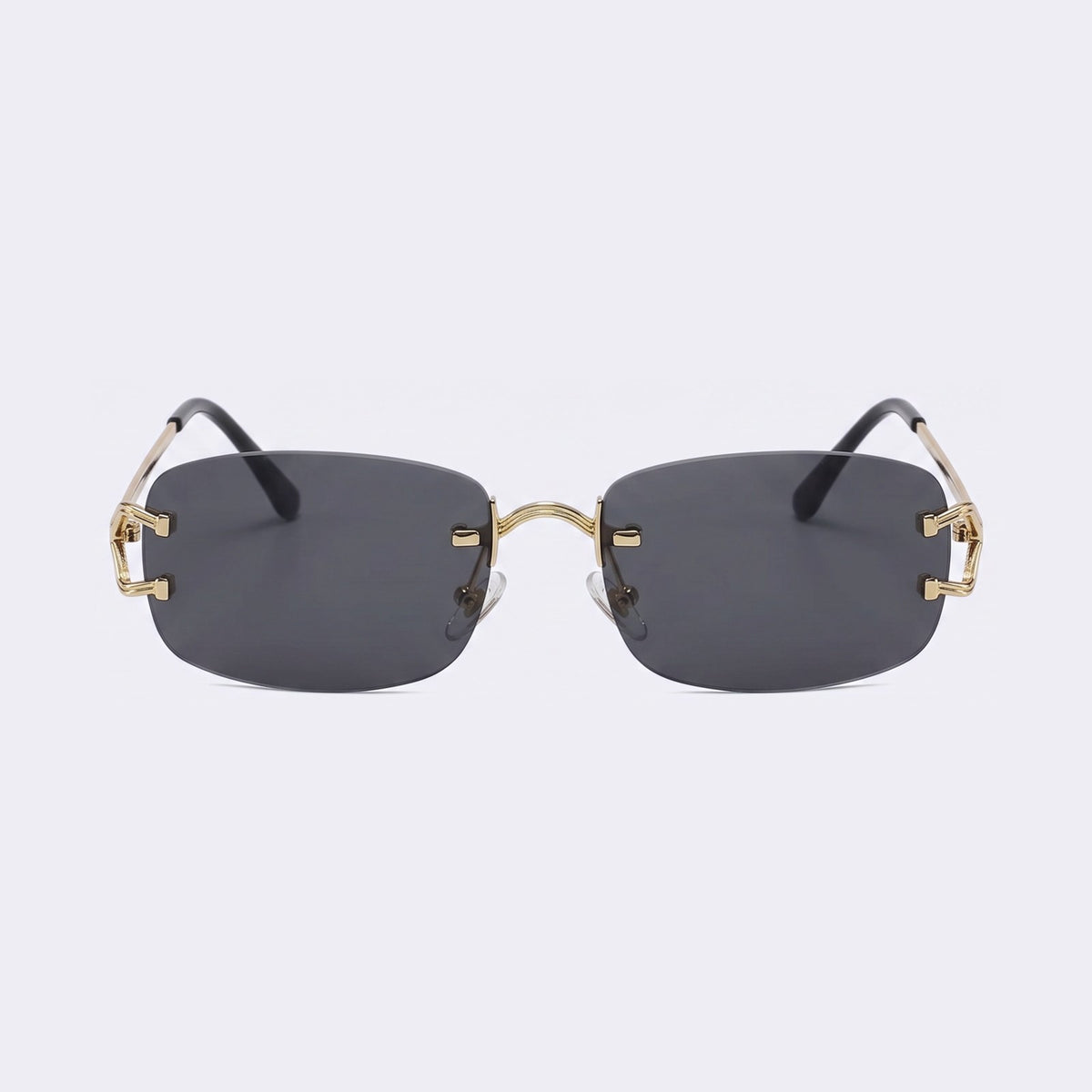 Rimless rectangular sunglasses with gold metal details and black lenses, front view — Moritz — Velezeco #opt1_1