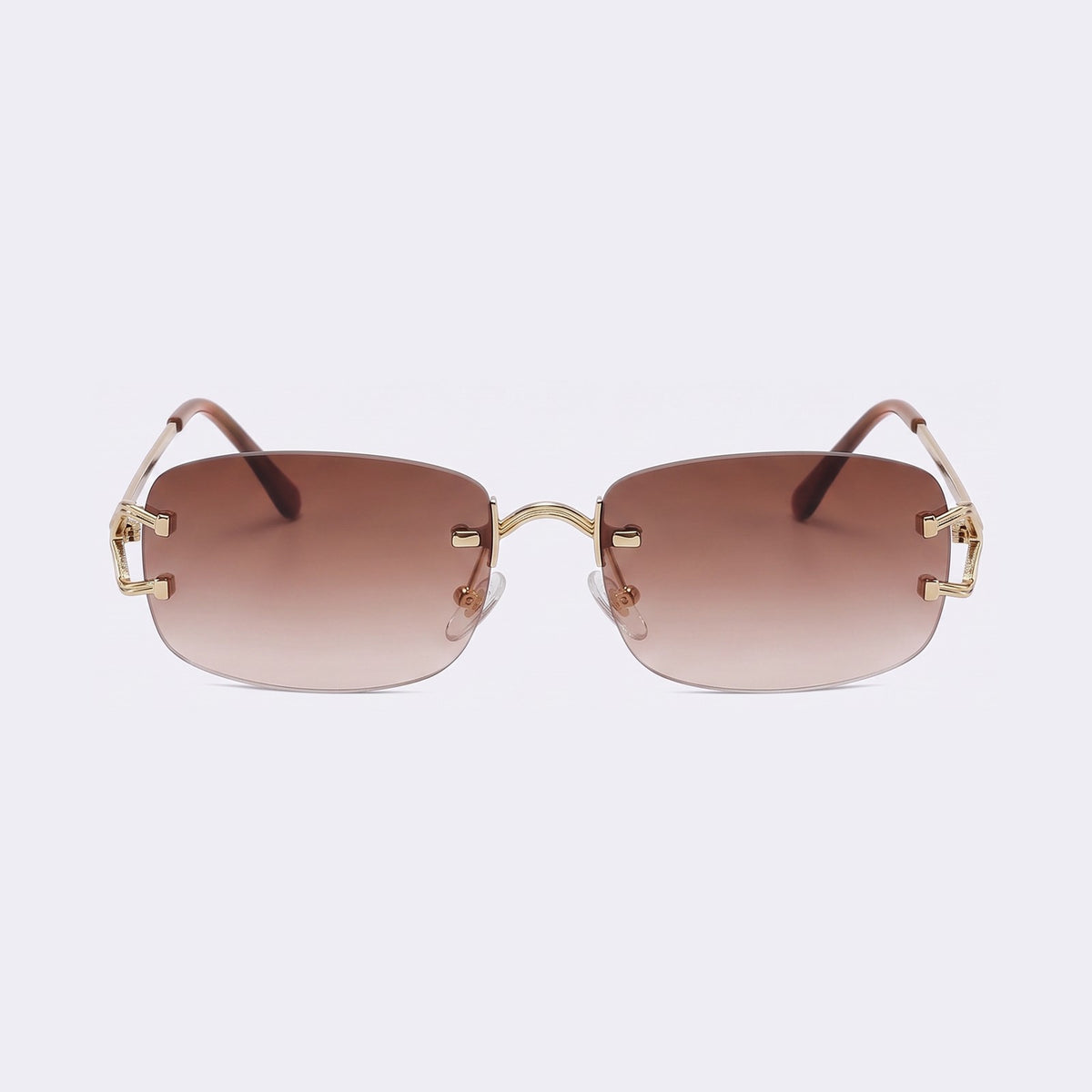 Rimless rectangular sunglasses with gold metal details and gradient brown lenses, front view — Moritz — Velezeco #opt1_2