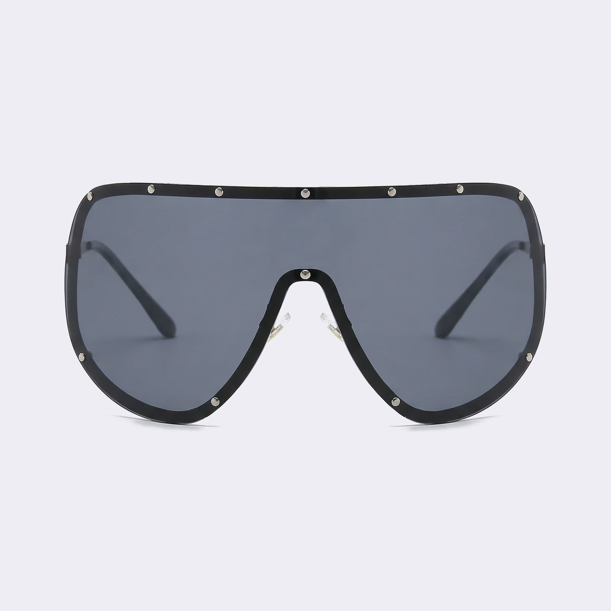 Oversized shield sunglasses with black studded rim and solid grey lens, front view — Mykonos — Velezeco #opt1_1