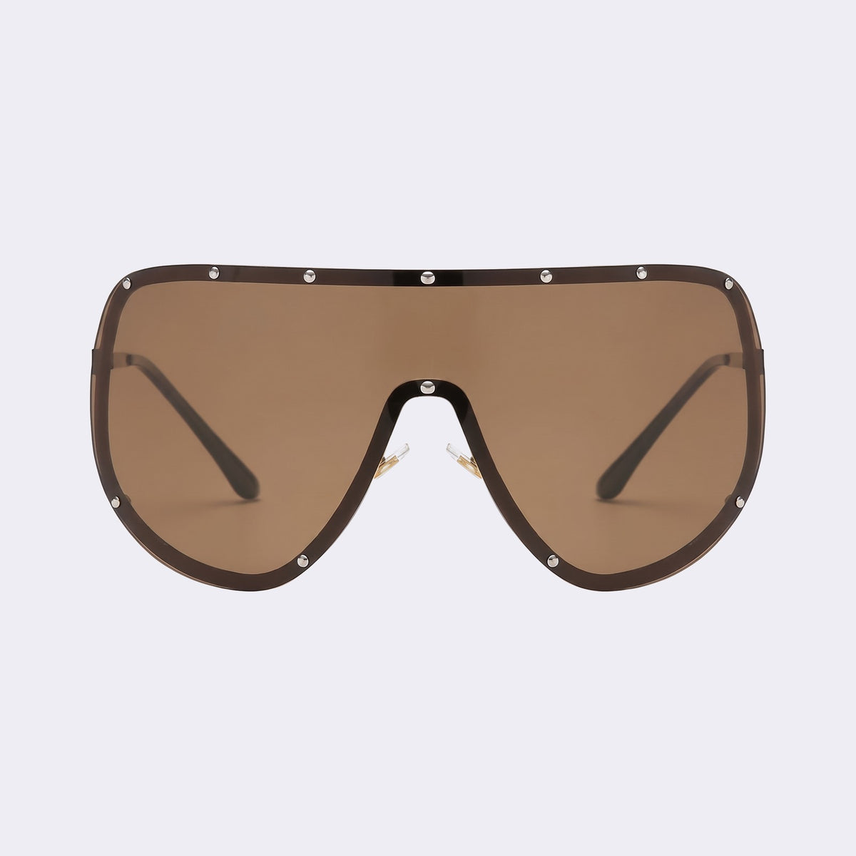 Oversized shield sunglasses with brown studded rim and brown lens, front view — Mykonos — Velezeco #opt1_3