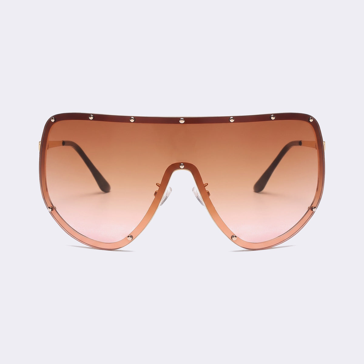 Oversized shield sunglasses with gold studded rim and brown-to-pink gradient lens, front view — Mykonos — Velezeco #opt1_4