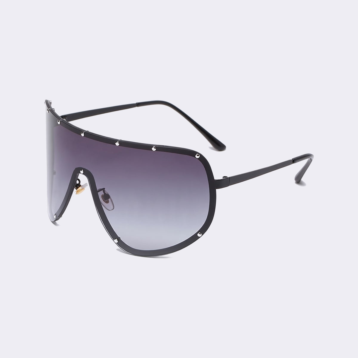 Three-quarter view of the black studded rim and gradient grey lens showing the studded metal rim — Mykonos — Velezeco #opt1_2