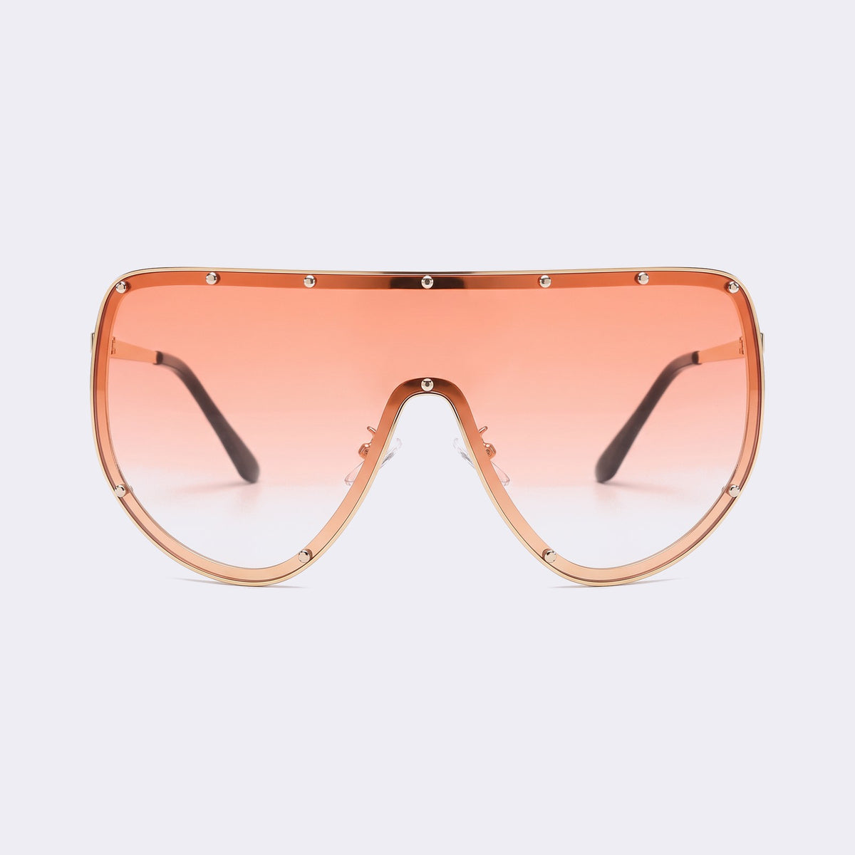 Oversized shield sunglasses with gold studded rim and pink gradient lens, front view — Mykonos — Velezeco #opt1_5