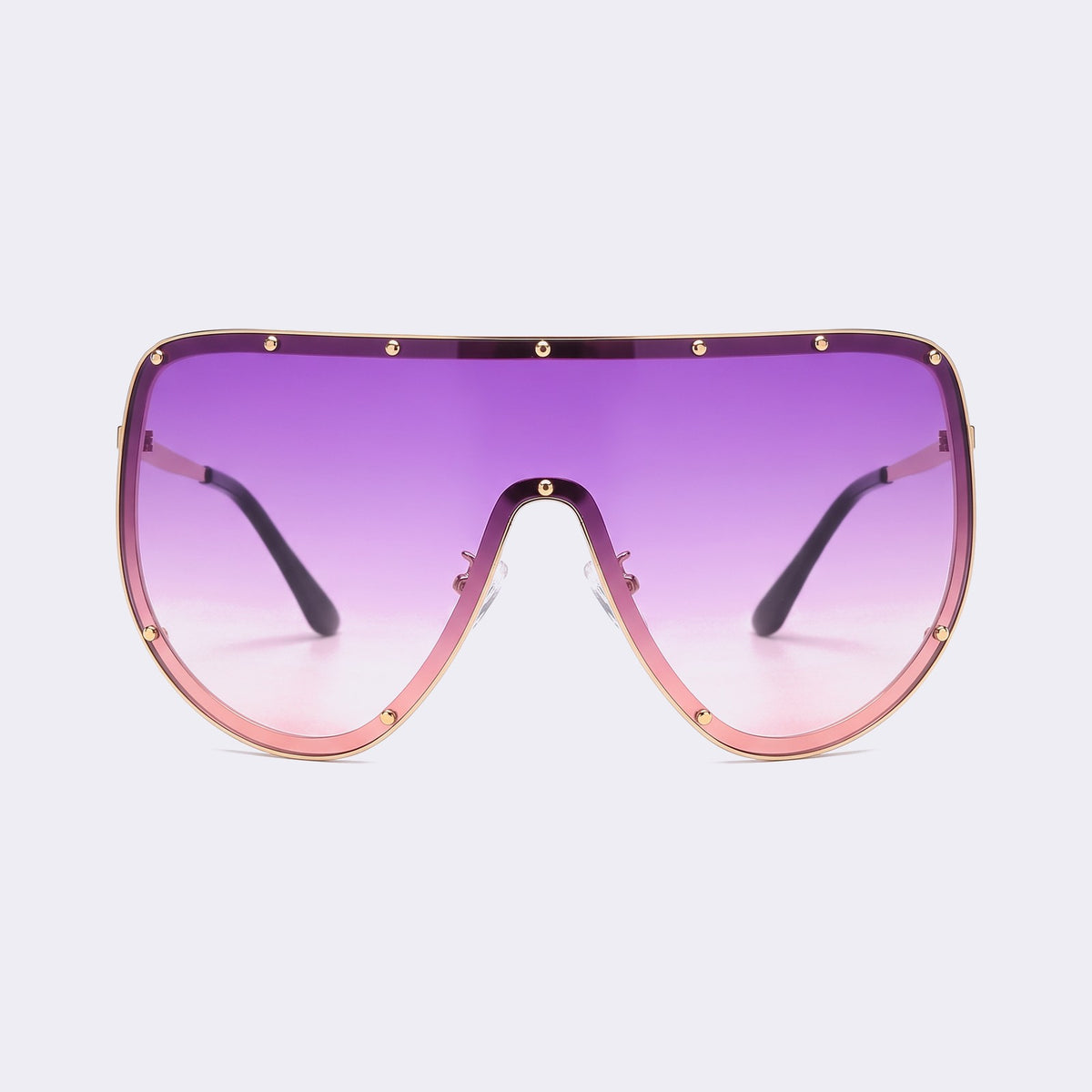 Oversized shield sunglasses with gold studded rim and purple-to-pink gradient lens, front view — Mykonos — Velezeco #opt1_6