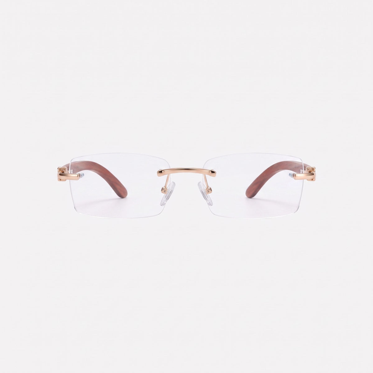 Phantom rimless blue light glasses with clear lenses and wood-grain temples, front view · Velezeco #opt1_3