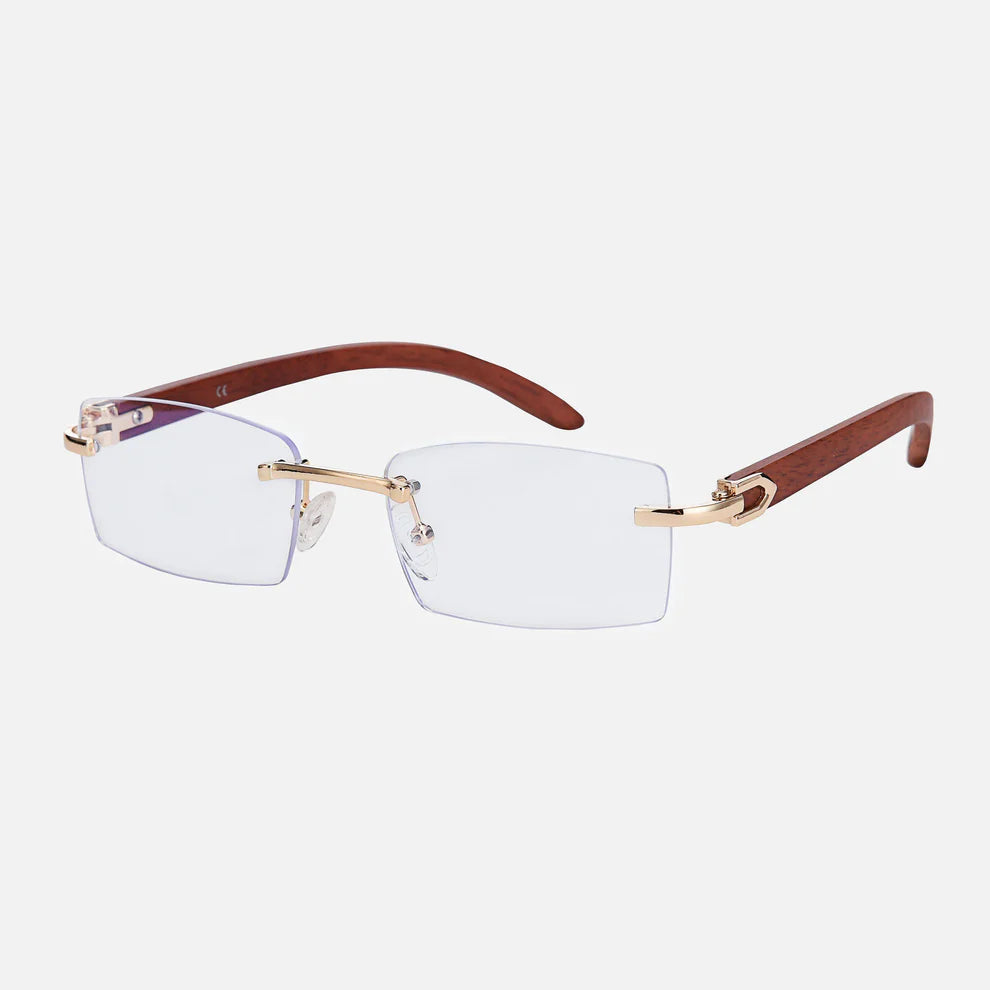 Phantom rimless blue light glasses with clear lenses and wood-grain temples, three-quarter view · Velezeco #opt1_3