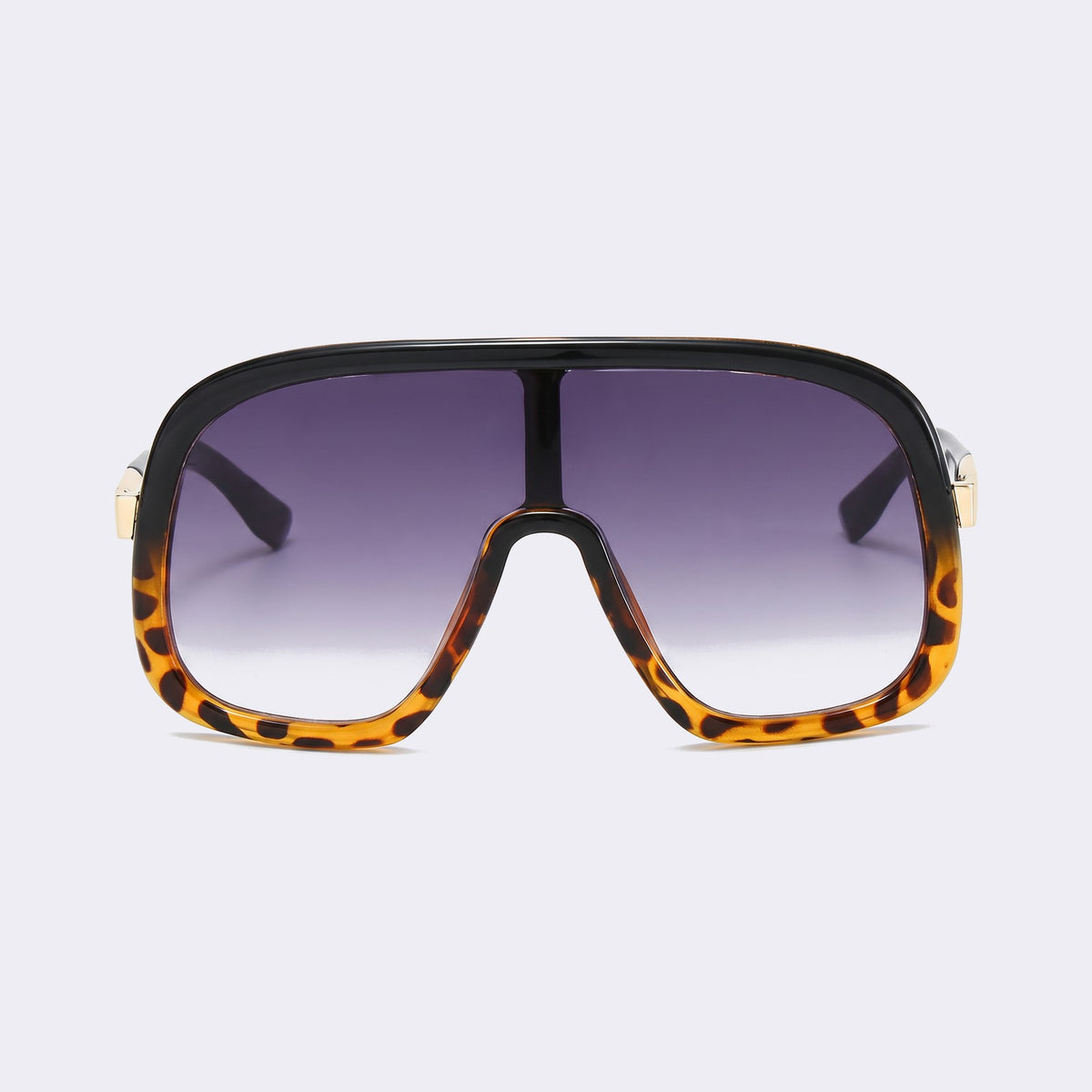 Oversized shield sunglasses with black and leopard two-tone frame and gradient grey lens, front view — Saint-Tropez — Velezeco #opt1_2