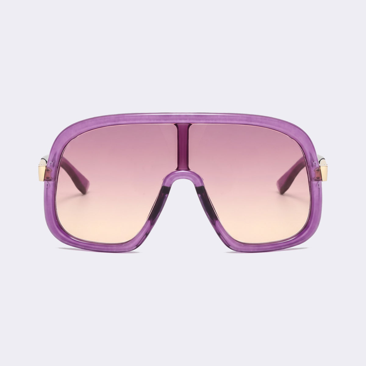 Oversized shield sunglasses with translucent purple frame and pink-to-yellow gradient lens, front view — Saint-Tropez — Velezeco #opt1_4