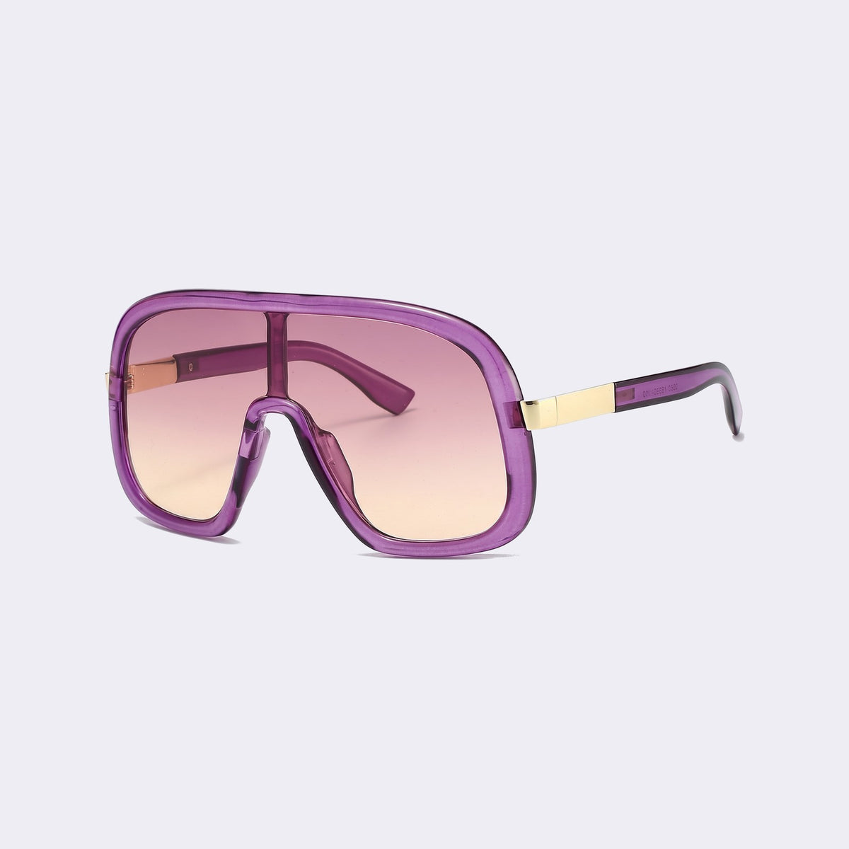 Three-quarter view of the translucent purple frame and pink-to-yellow gradient lens showing the gold hinge detail — Saint-Tropez — Velezeco #opt1_4