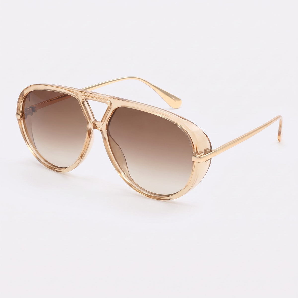 The Aether champagne aviator sunglasses with brown gradient lenses, three-quarter view · Velezeco #opt1_6
