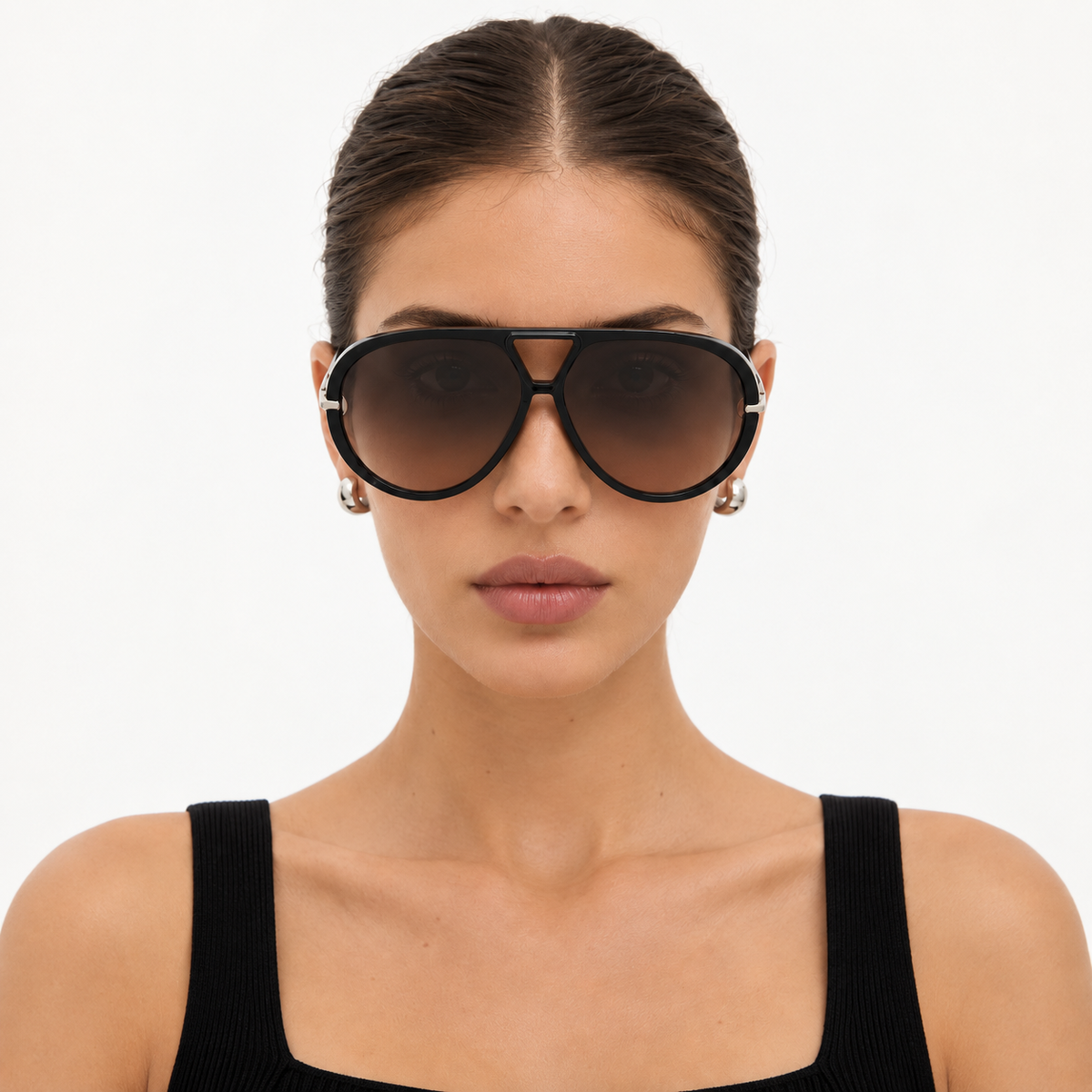Model wearing The Nimbus oversized black aviator sunglasses with gradient lenses and silver drop temples, studio portrait — Velezeco #opt1_2