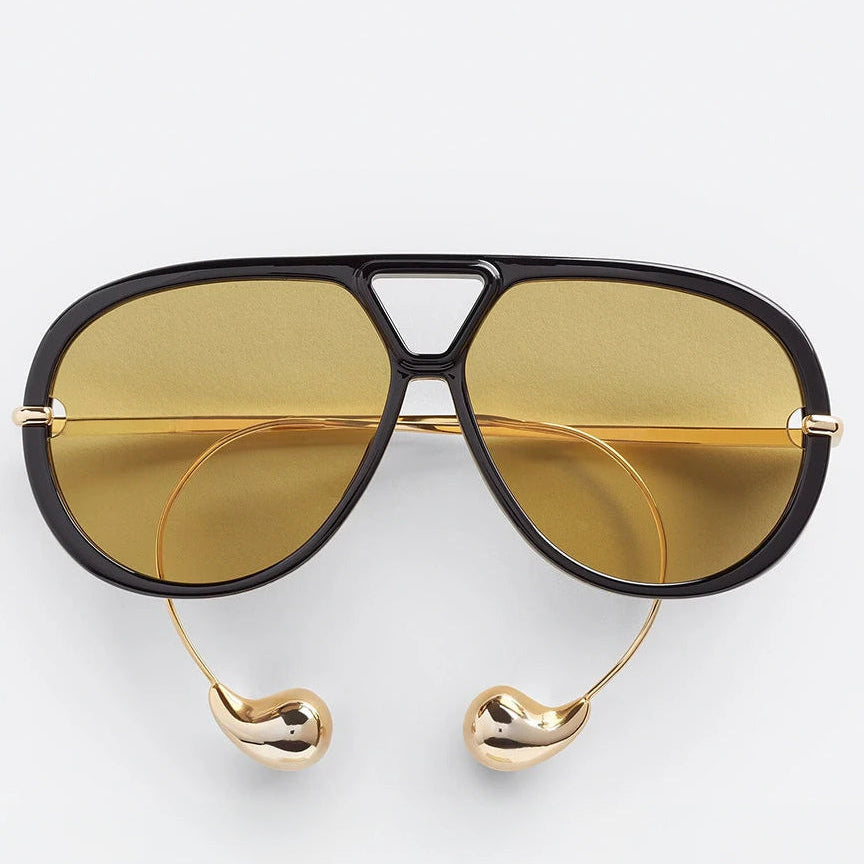 Oversized aviator sunglasses, black frame with yellow lenses and gold drop temples — The Nimbus — Velezeco #opt1_1