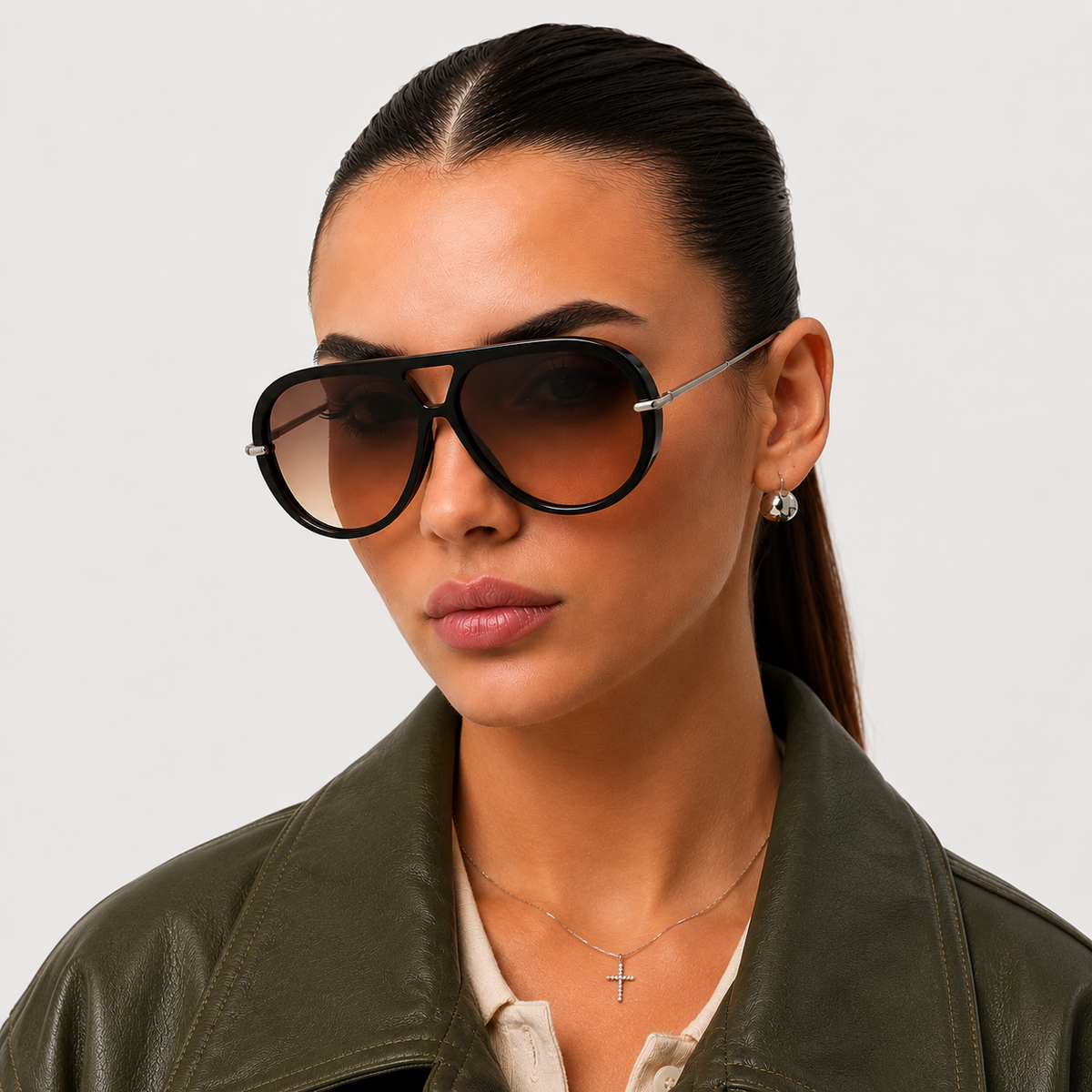 Woman wearing black aviator sunglasses with silver mirrored lenses, front view — The Nimbus — Velezeco — Black/Silver#opt1_2