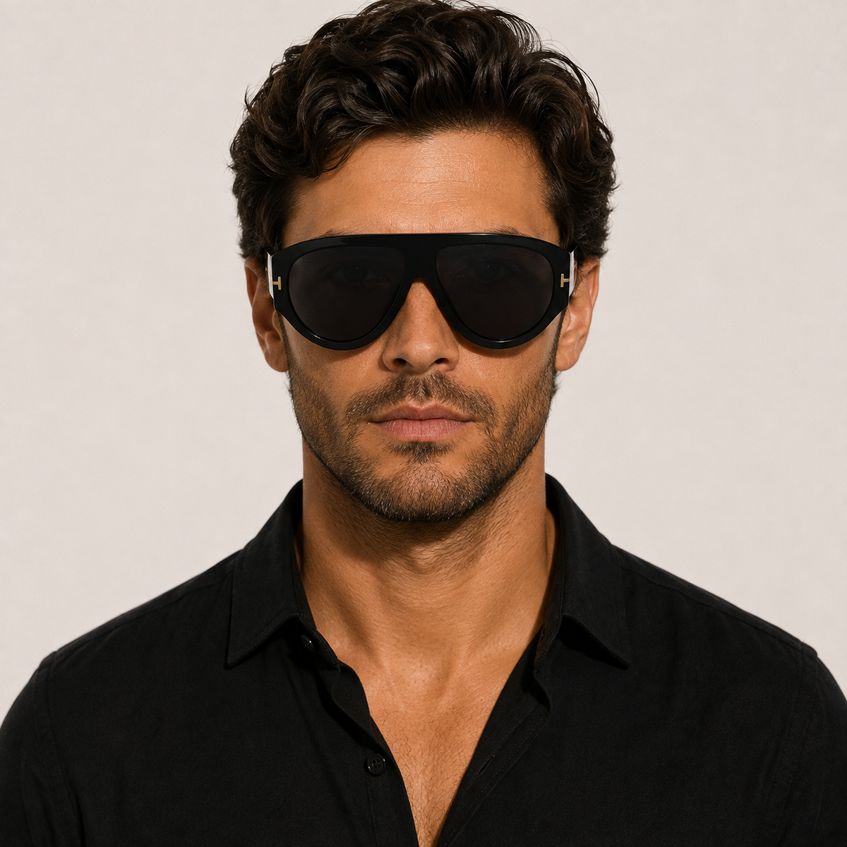 Man wearing VELEZECO Veneza black oversized aviator sunglasses with black lenses and gold details