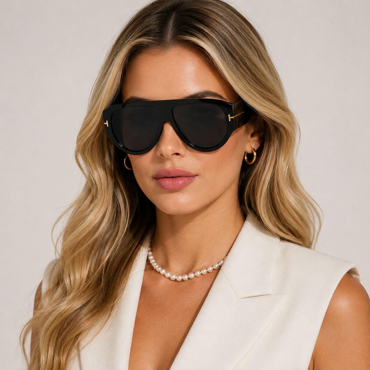 Woman wearing VELEZECO Veneza black oversized aviator sunglasses with black lenses and gold details — Black#opt1_3