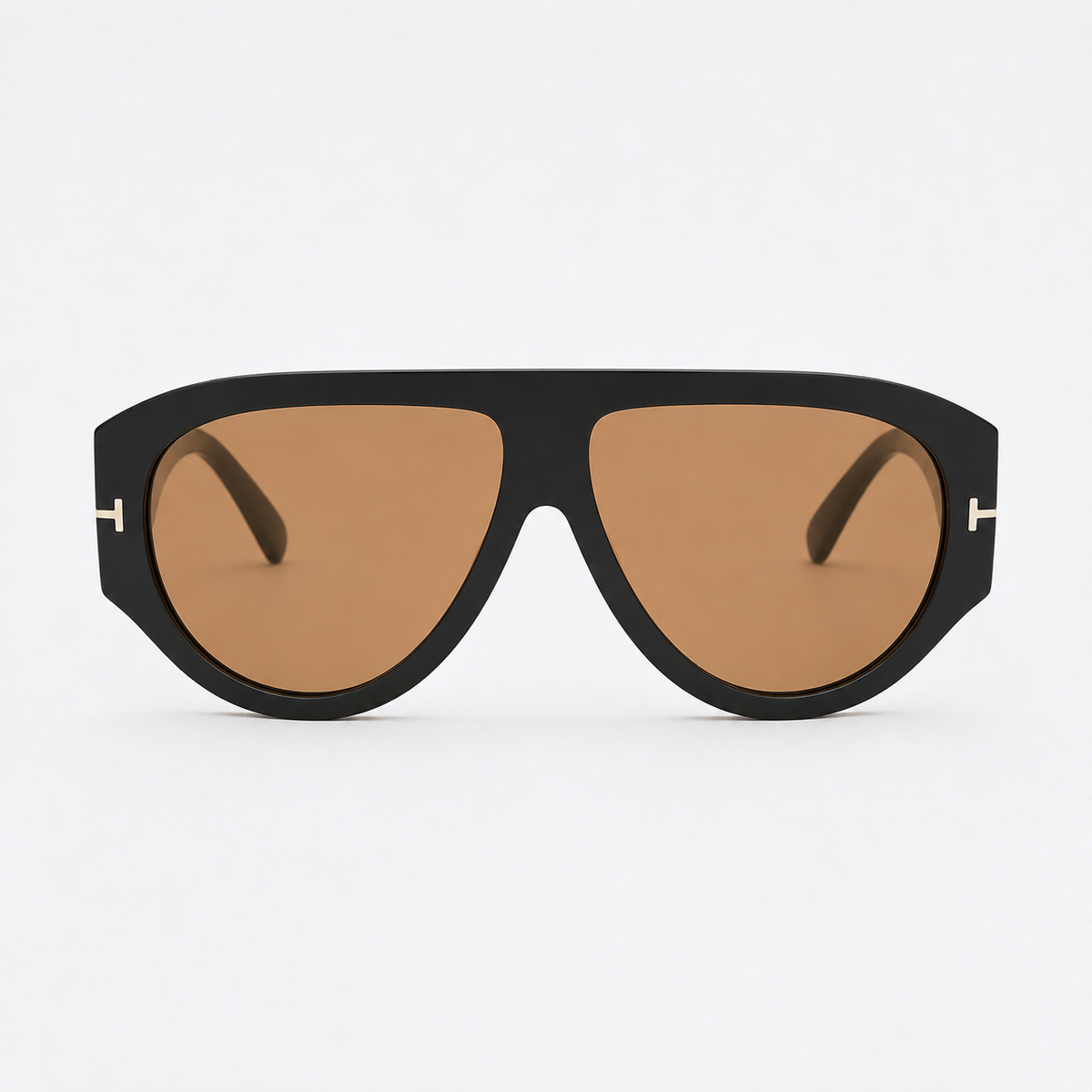 VELEZECO Veneza black oversized aviator sunglasses with brown lenses and gold details, front view · Brown #opt1_1