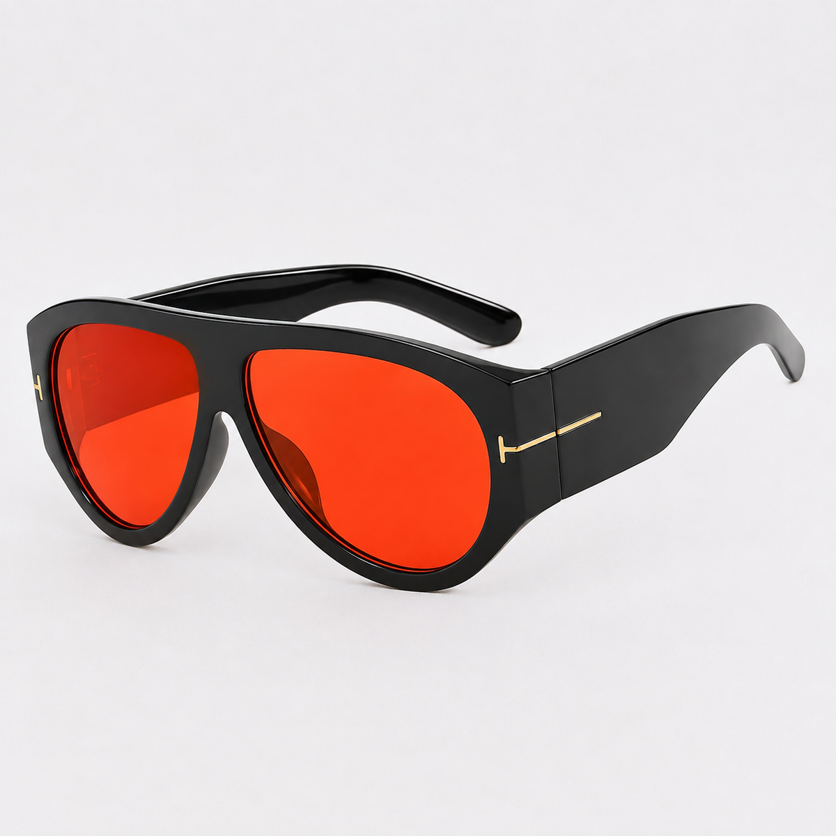 VELEZECO Veneza black oversized aviator sunglasses with red lenses and gold details, side view · Red #opt1_4