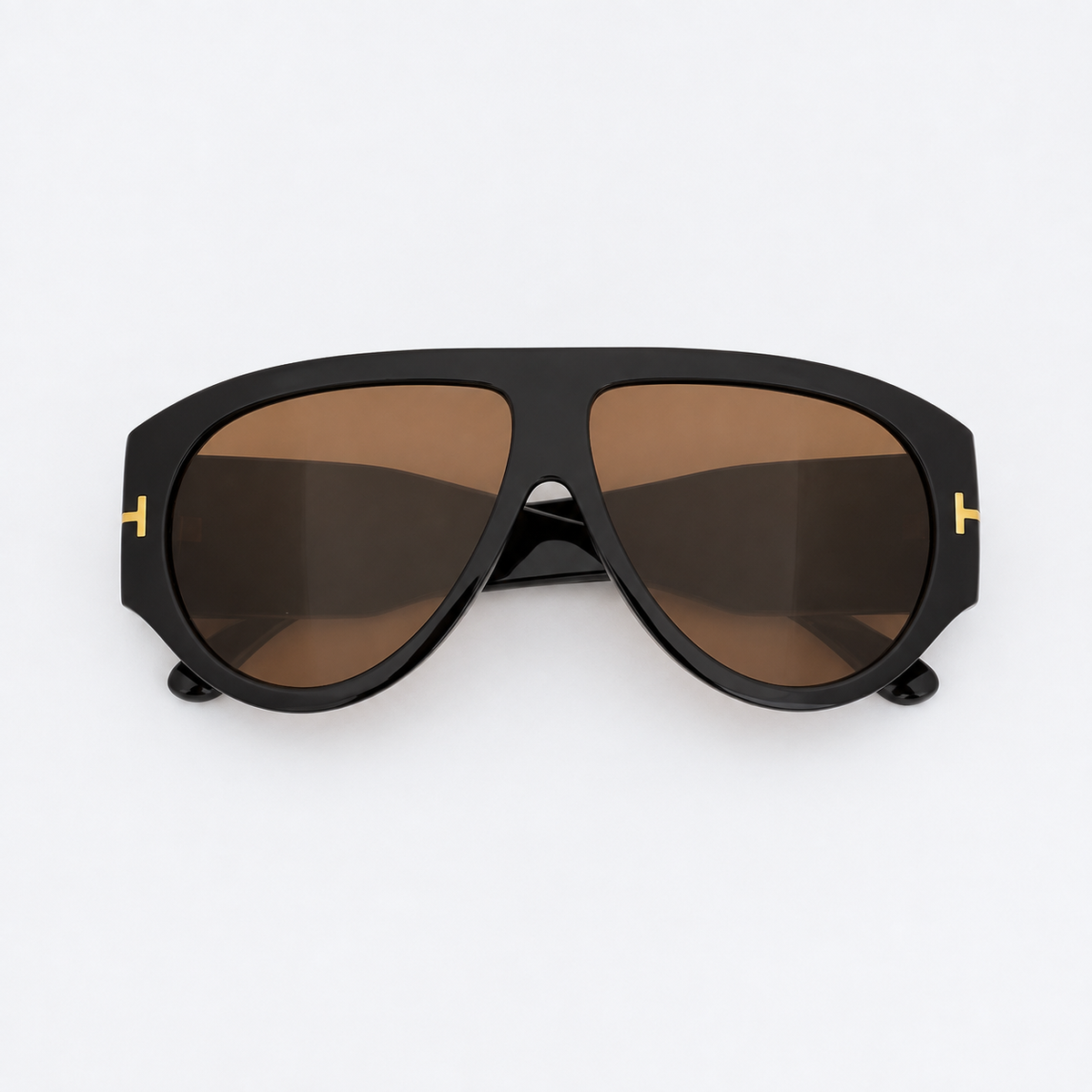 VELEZECO Veneza black oversized aviator sunglasses with brown lenses and gold details, front view · Brown #opt1_1