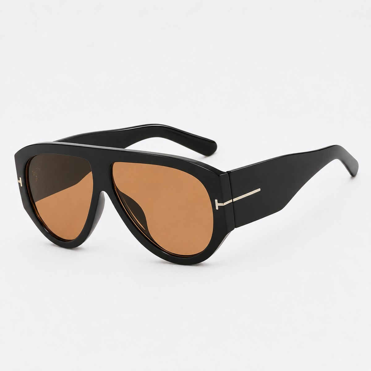 VELEZECO Veneza black oversized aviator sunglasses with brown lenses and gold details, side view · Brown #opt1_1