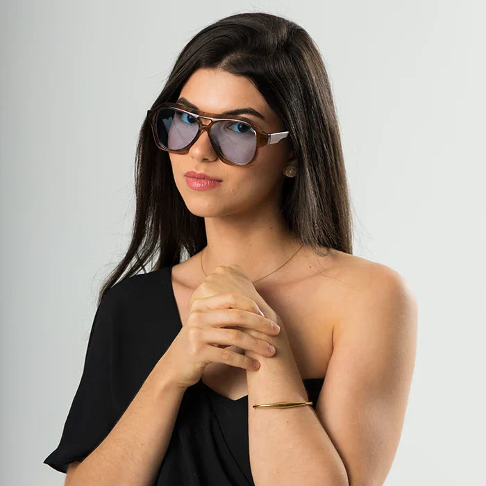 Aviator sunglasses worn by model, close-up — Aeris — Velezeco
