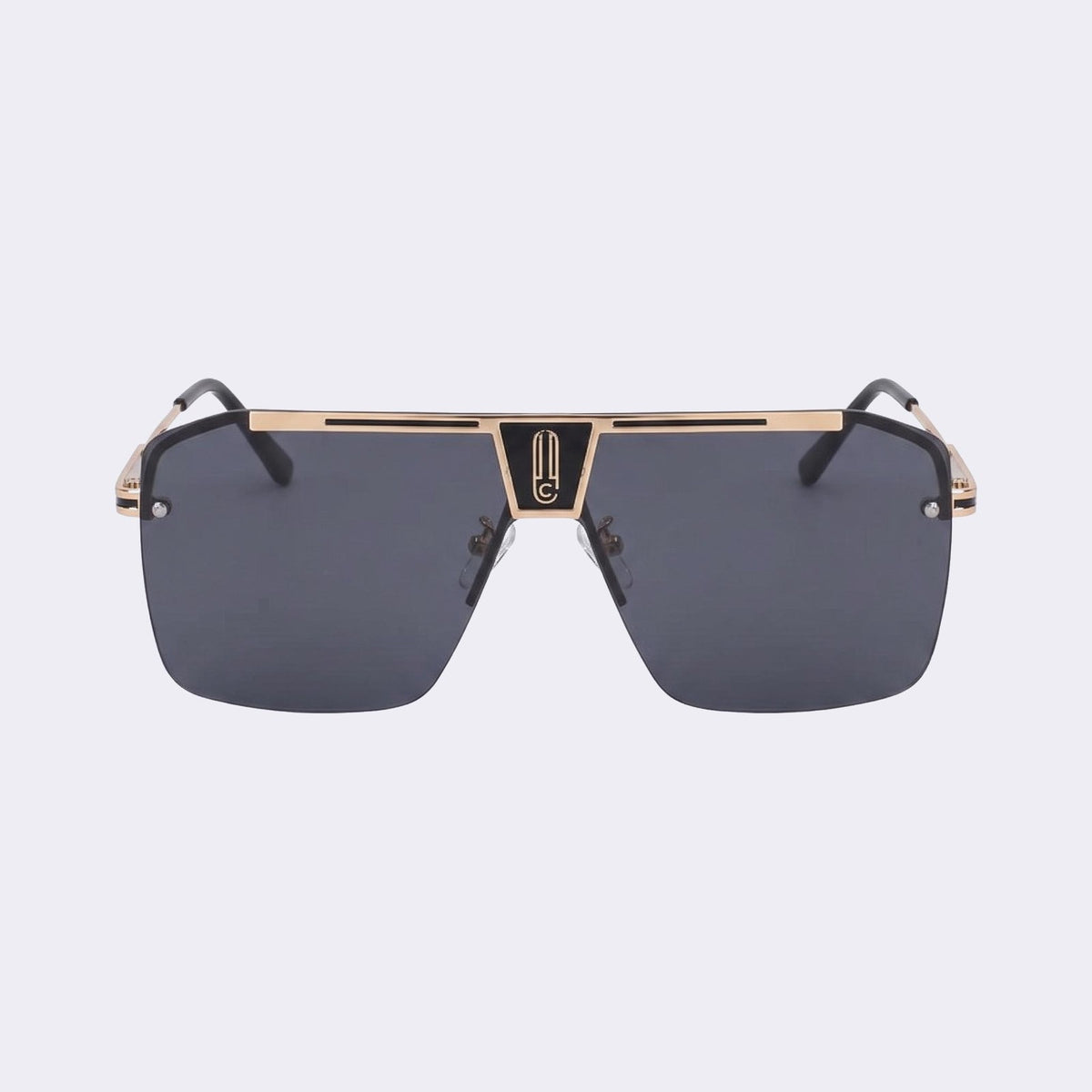 One-piece shield aviator sunglasses with a gold frame and dark smoke grey lens, front view — Alpine — Velezeco #opt1_2