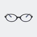 Close-up of blue-light-filtering lenses and hinge detail on the oval frame — Louiz — Velezeco