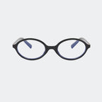 Close-up of blue-light-filtering lenses and hinge detail on the oval frame — Louiz — Velezeco