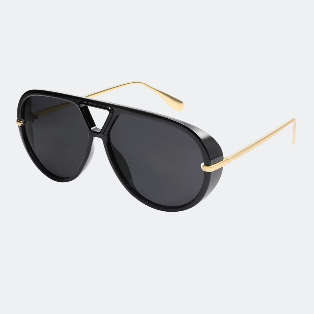 Aviator sunglasses worn by model, close-up — The Aether — Velezeco