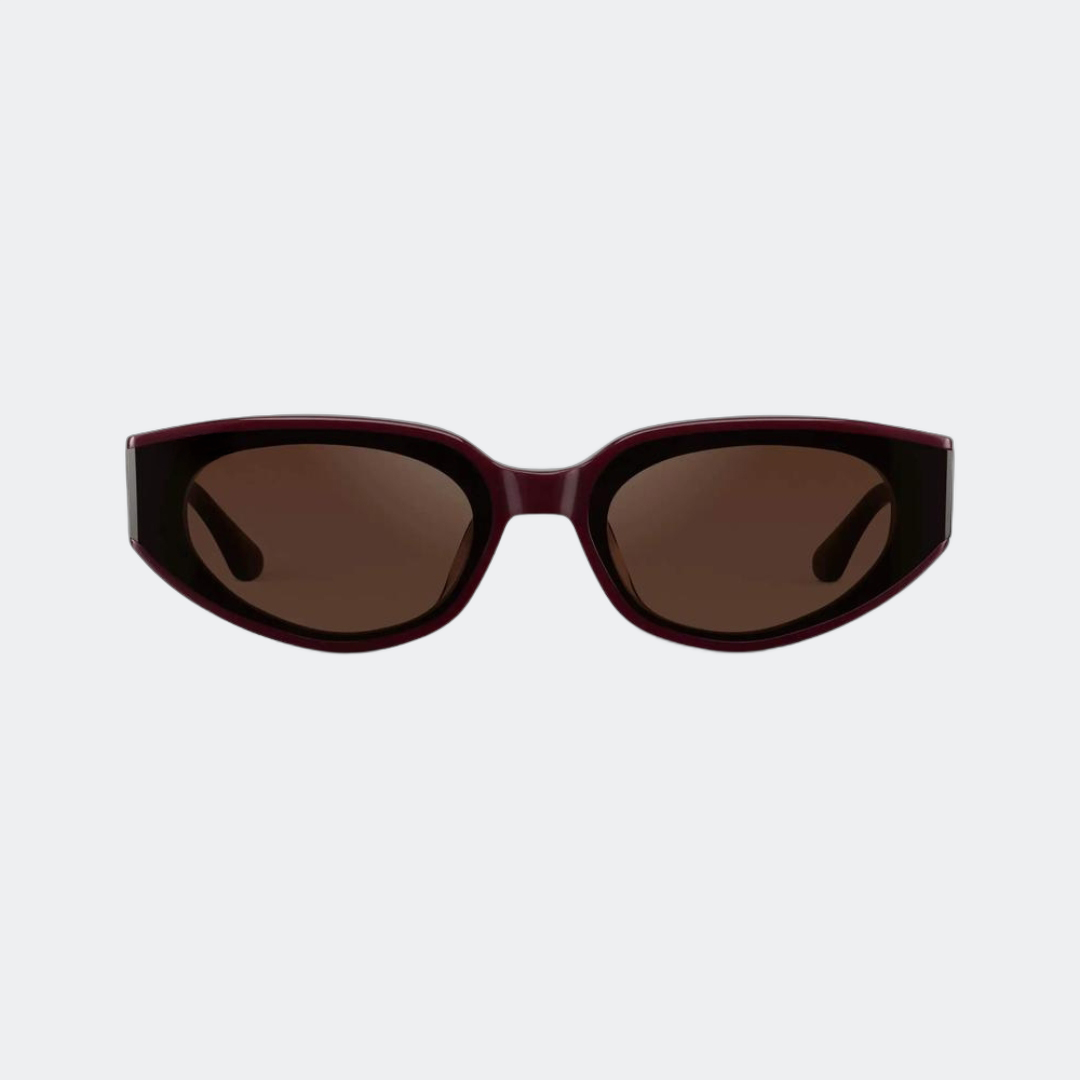 Cat eye sunglasses in black cherry red with dark brown lenses, front view — Astra — Velezeco