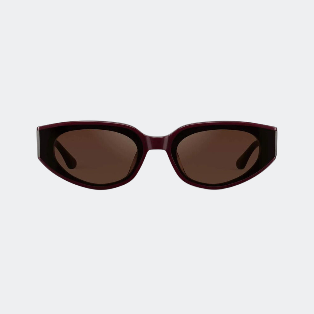 Cat eye sunglasses in Black Cherry Red / Dark Brown Lens, front view — Astra — Velezeco