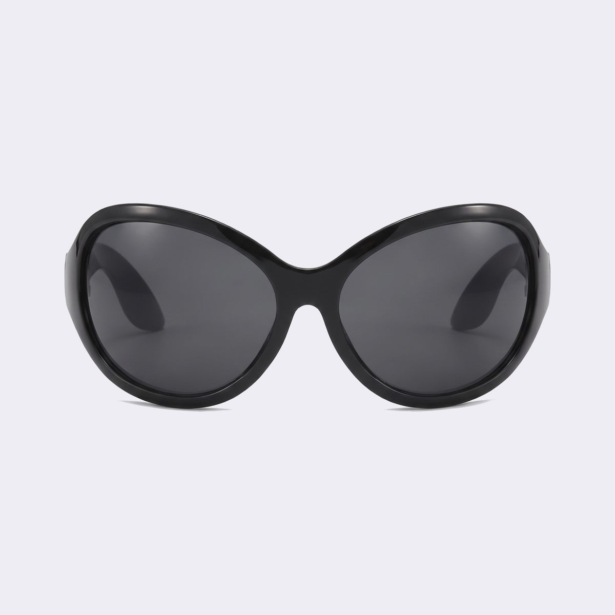 Bug-eye wraparound sunglasses with glossy black frame and grey lenses, front view — Barcelona — Velezeco #opt1_1