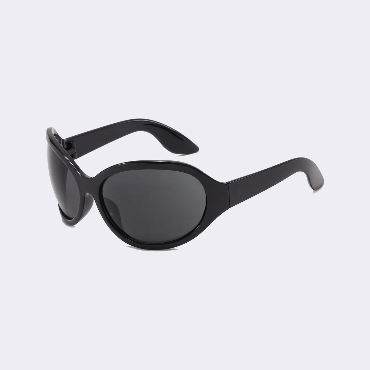 Three-quarter view of the Barcelona bug-eye with glossy black frame and grey lenses and curved wraparound temples — Velezeco #opt1_1